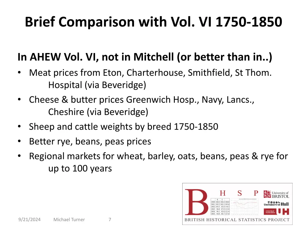 brief comparison with vol vi 1750 1850