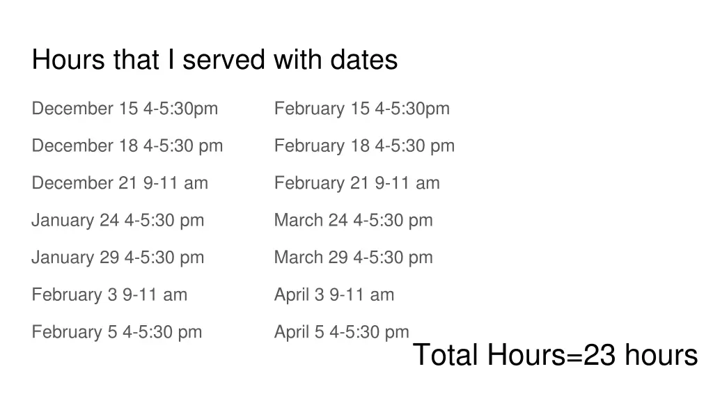 hours that i served with dates