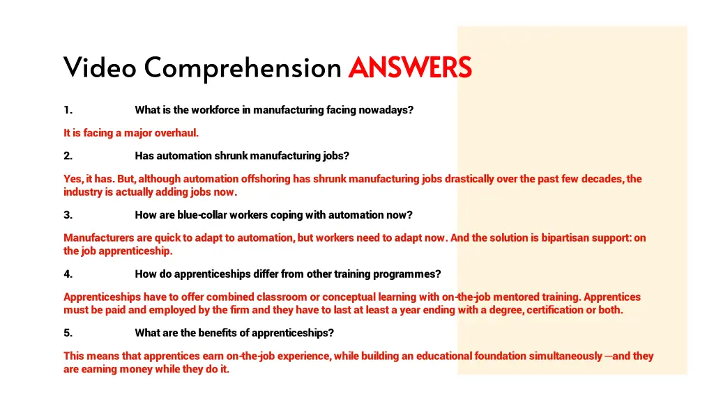 video comprehension answers