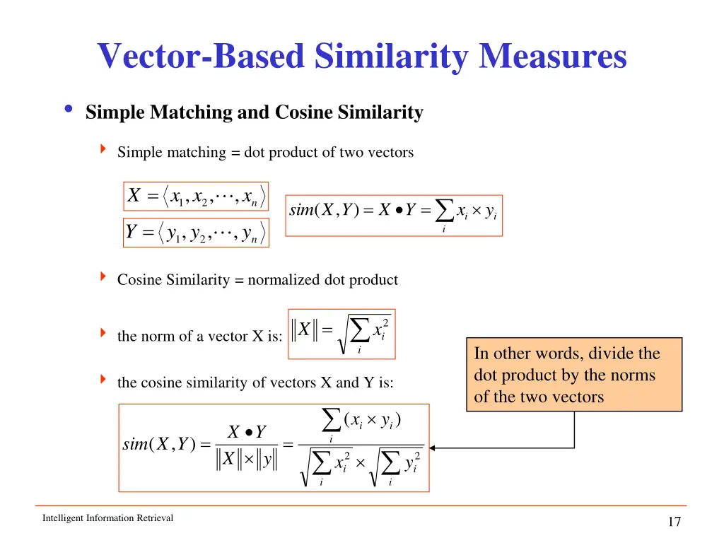 vector based similarity measures