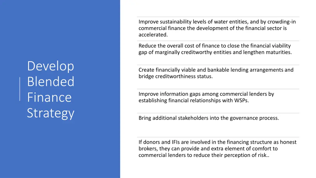 improve sustainability levels of water entities