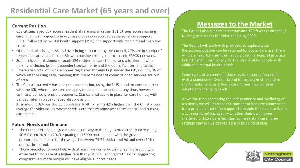 residential care market 65 years and over