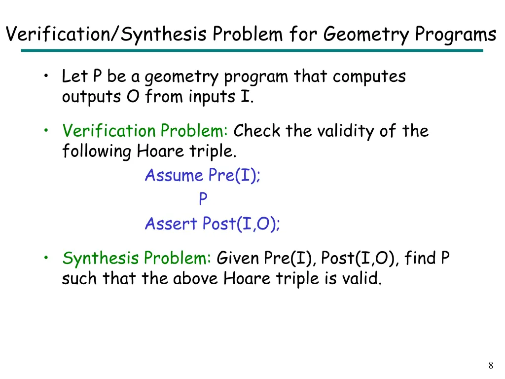 verification synthesis problem for geometry