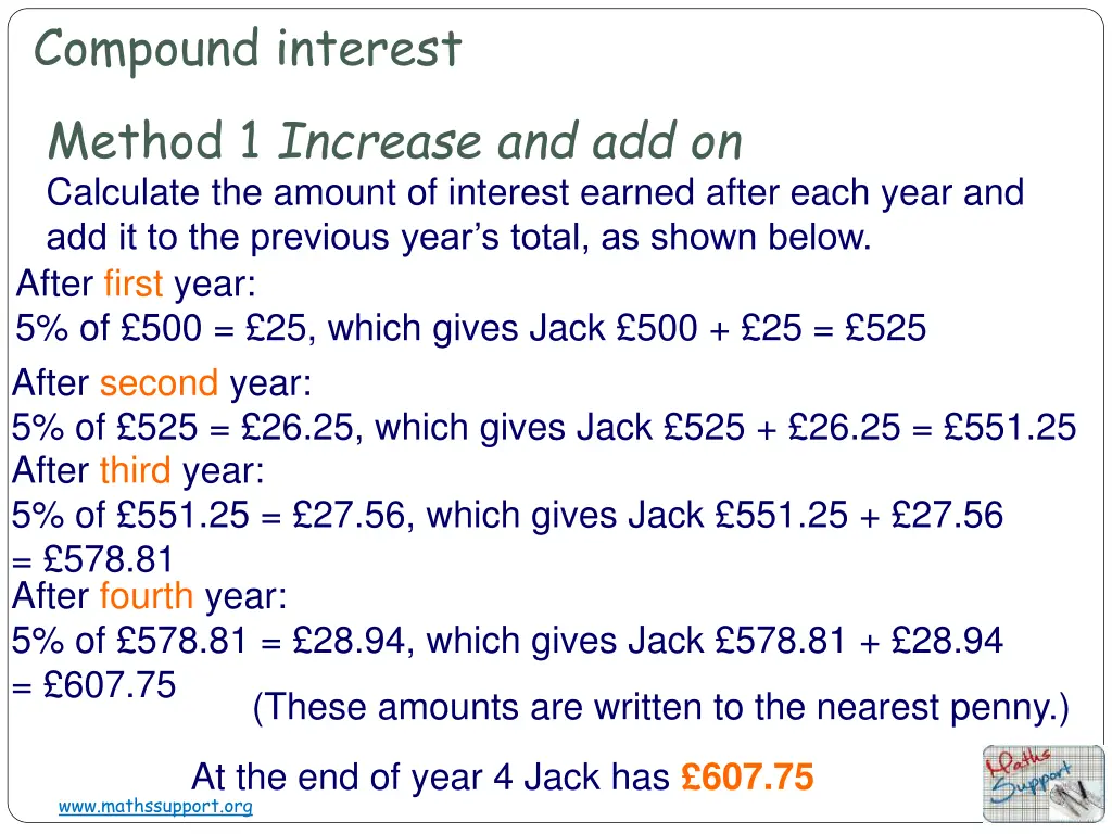 compound interest method 1 increase and add on