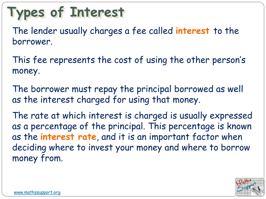 types of interest the lender usually charges