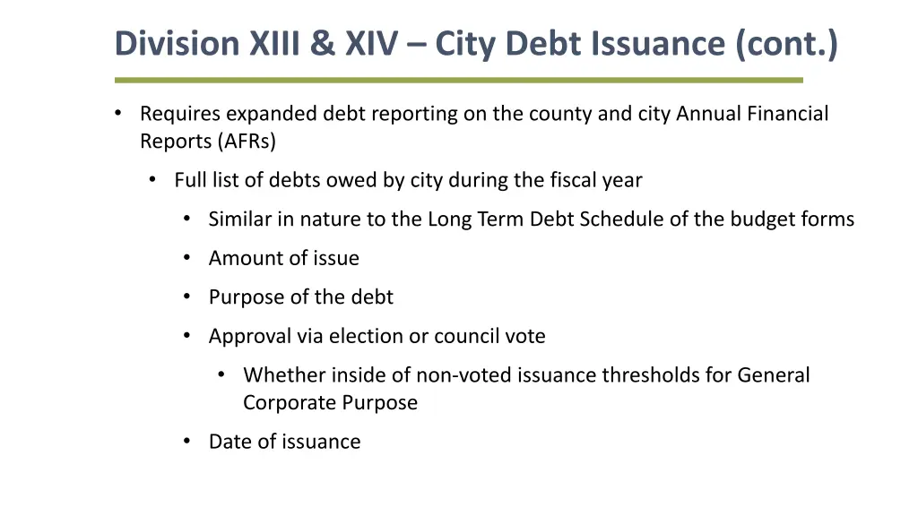 division xiii xiv city debt issuance cont