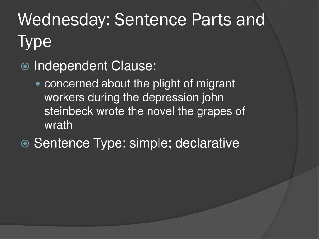 wednesday sentence parts and type