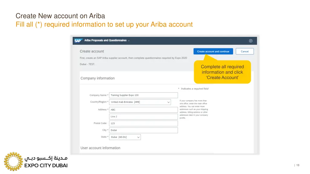 create new account on ariba fill all required