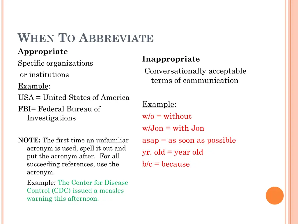 w hen t o a bbreviate appropriate specific