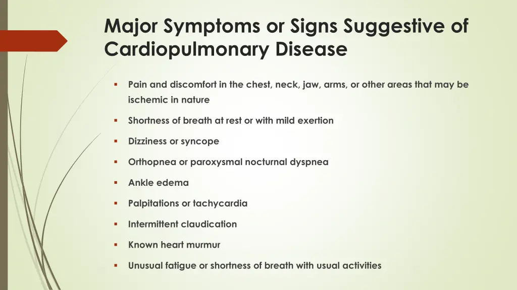 major symptoms or signs suggestive