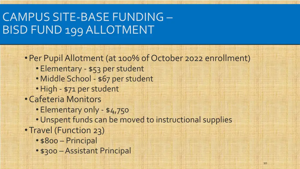 campus site base funding bisd fund 199 allotment