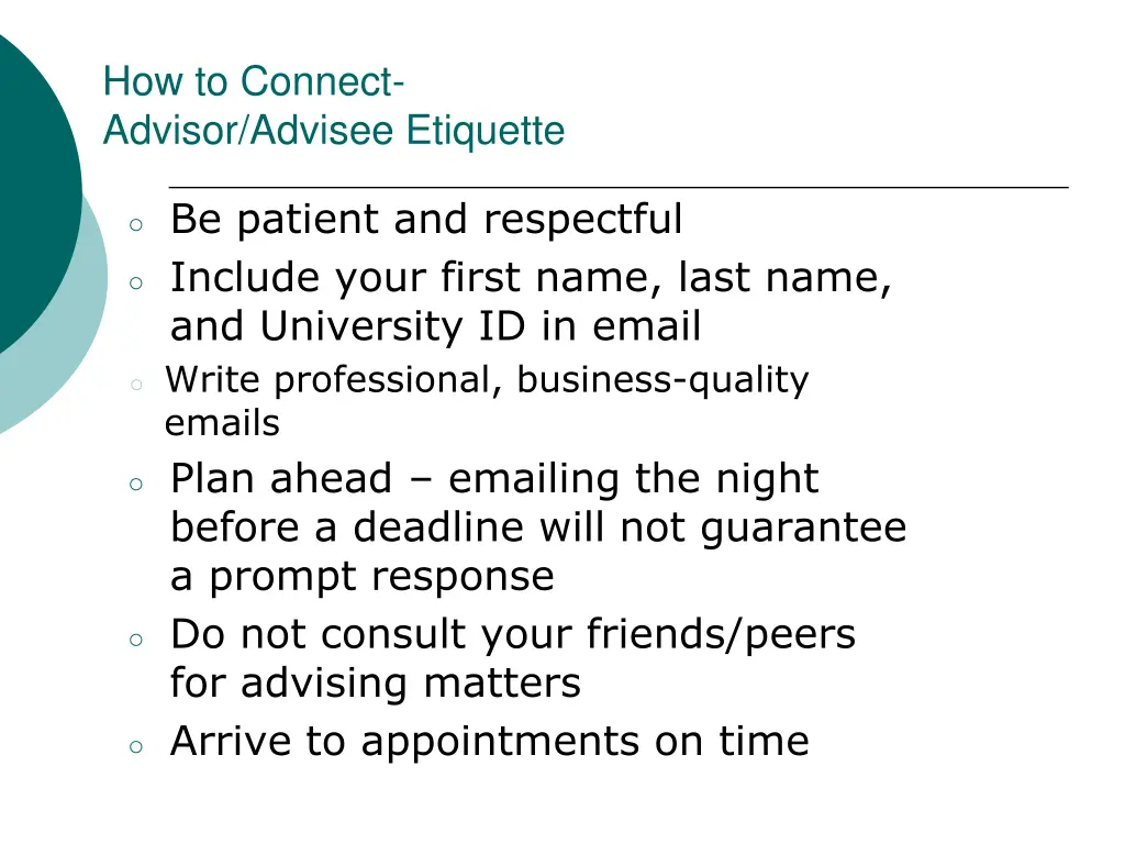 how to connect advisor advisee etiquette