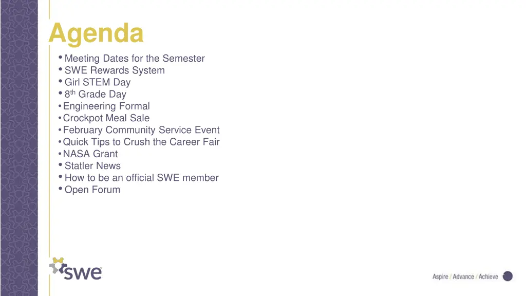 agenda meeting dates for the semester swe rewards