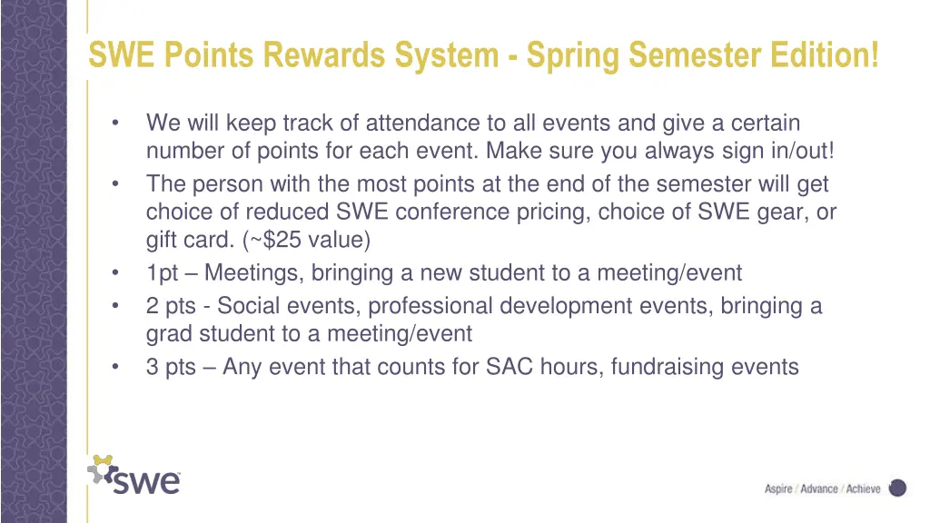 swe points rewards system spring semester edition