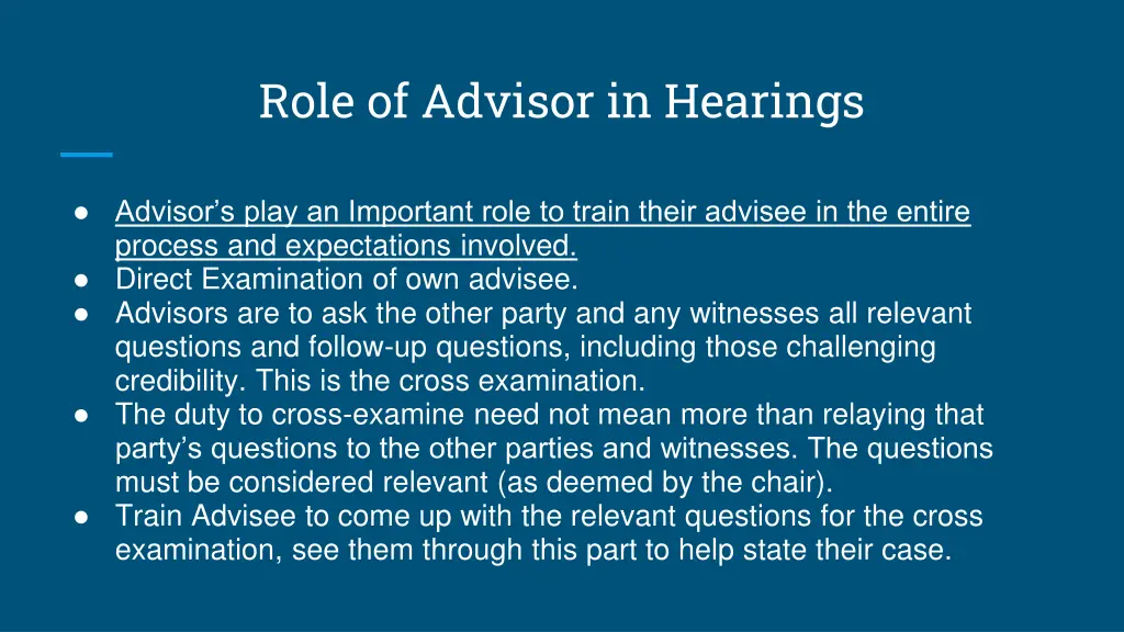 role of advisor in hearings