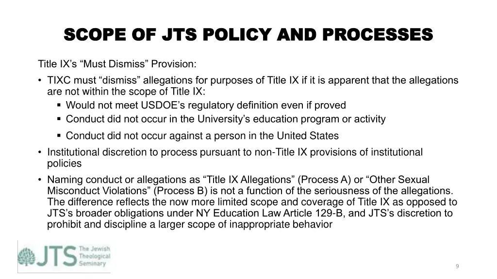 scope of jts policy and processes scope