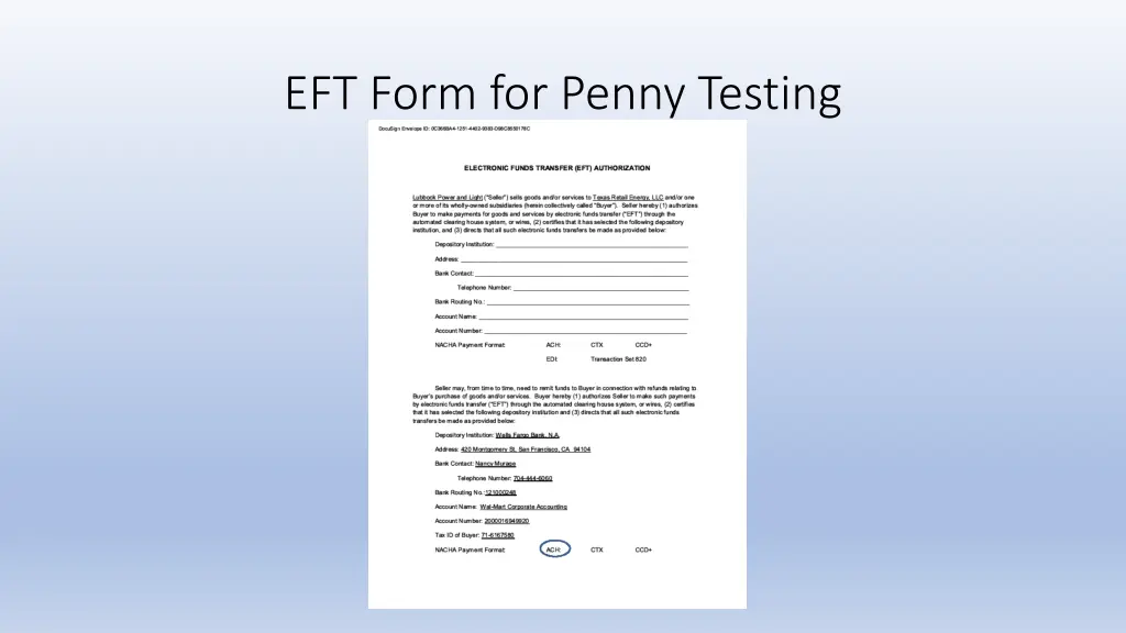 eft form for penny testing