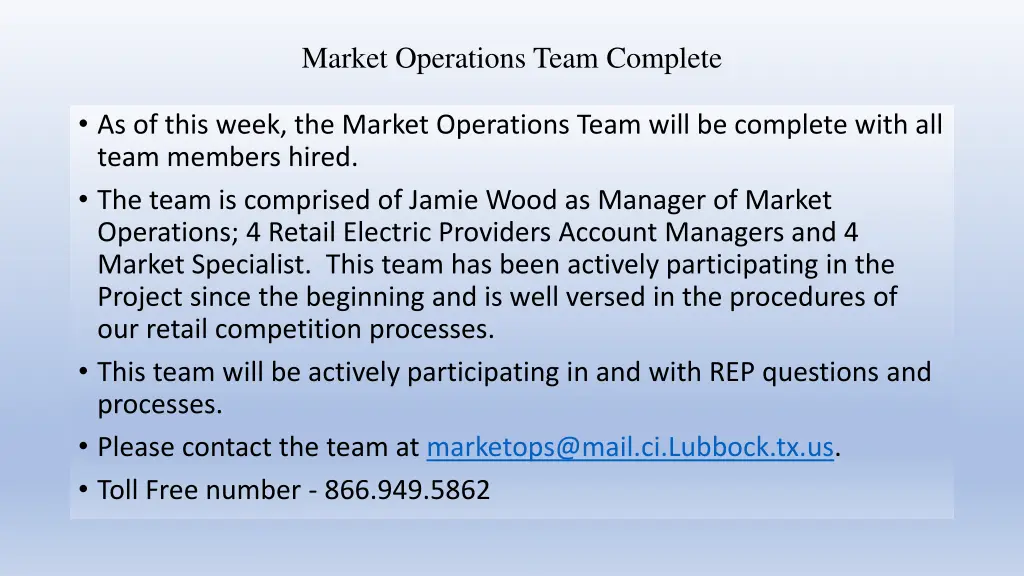 market operations team complete