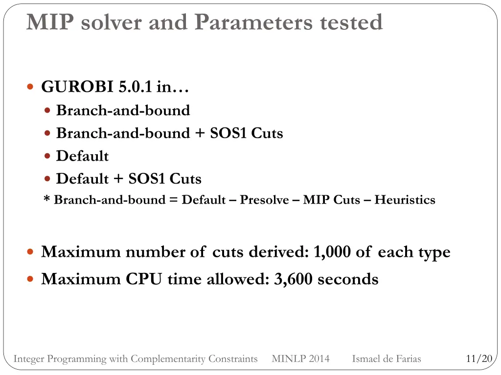 mip solver and parameters tested