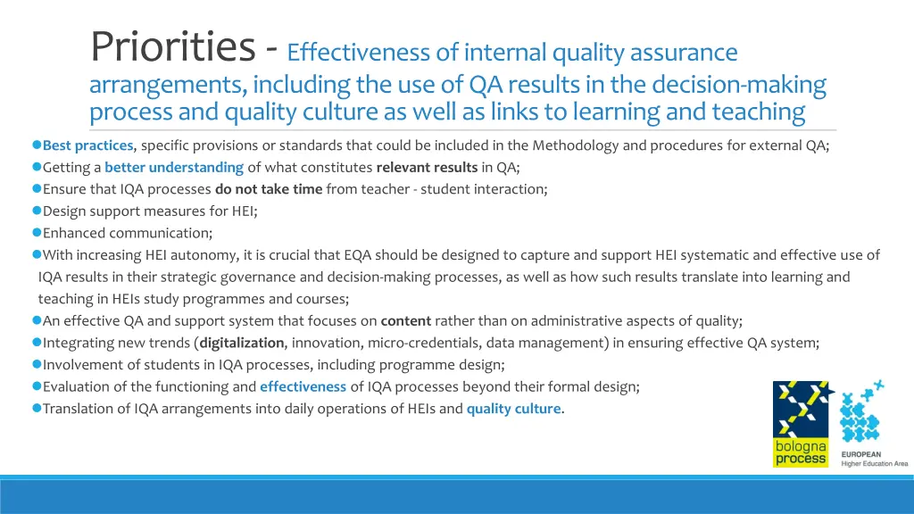 priorities effectiveness of internal quality