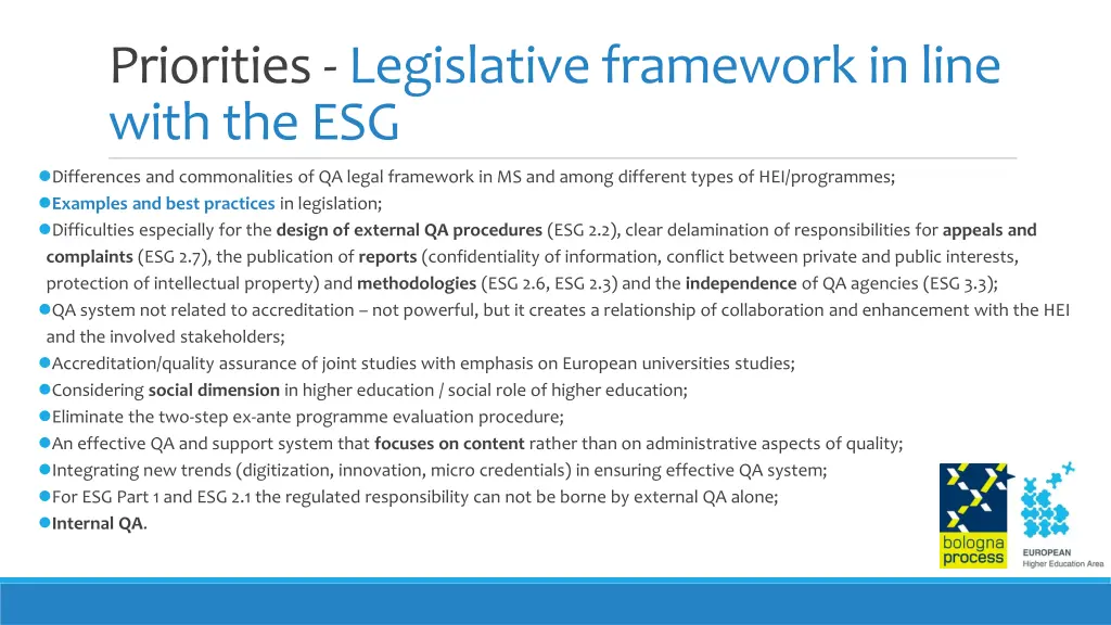 priorities legislative framework in line with