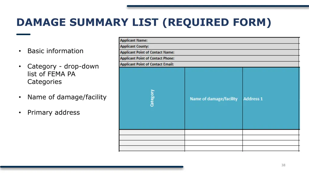 damage summary list required form 1