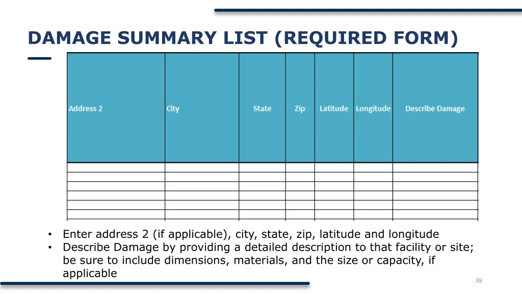 damage summary list required form 2