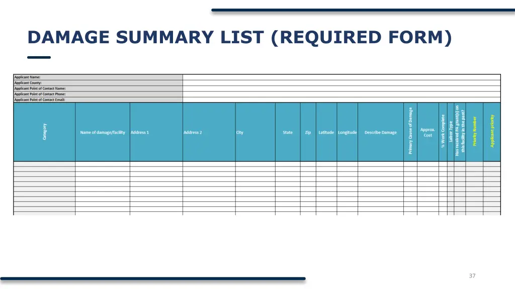 damage summary list required form