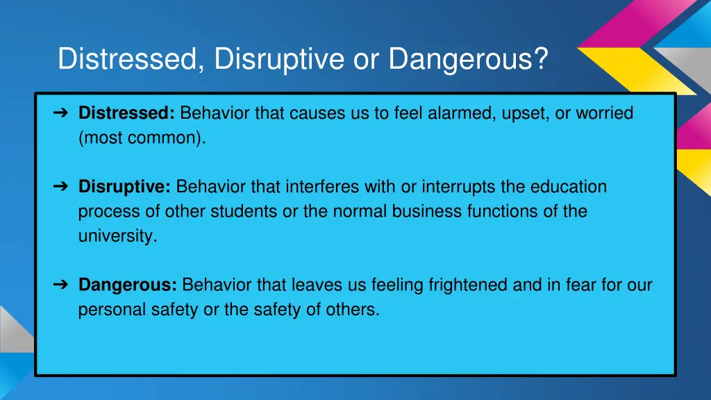 distressed disruptive or dangerous