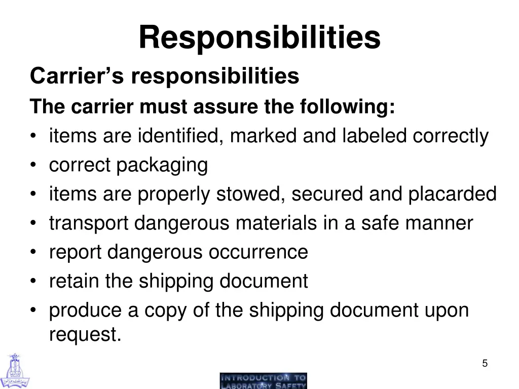 responsibilities carrier s responsibilities