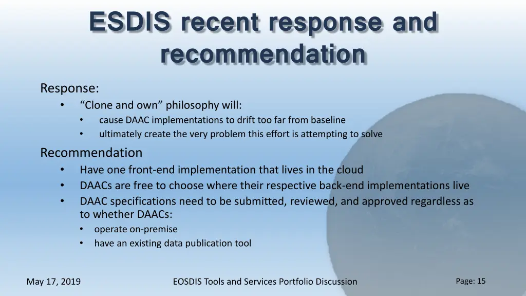 esdis recent response and recommendation response