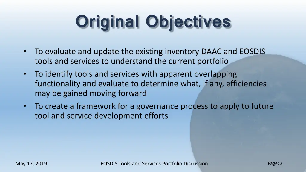 original objectives