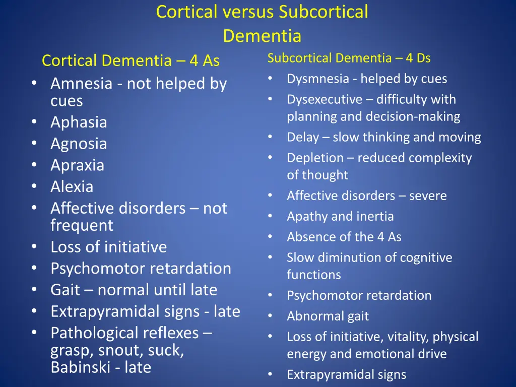 cortical versus subcortical dementia