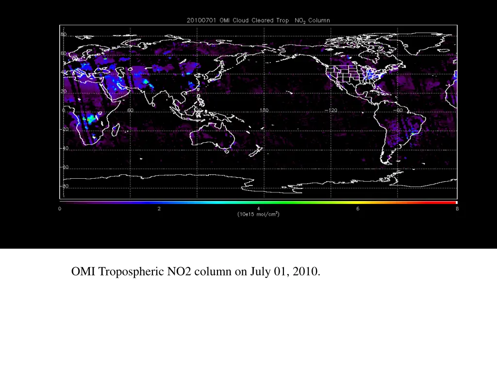 omi tropospheric no2 column on july 01 2010