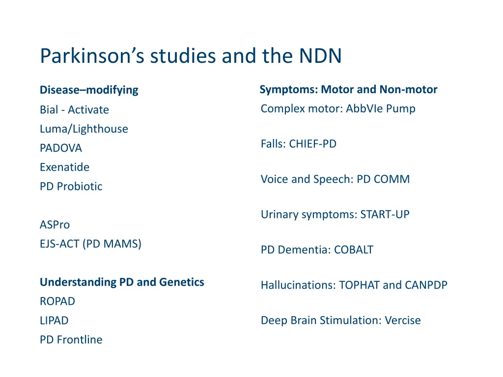 parkinson s studies and the ndn 1