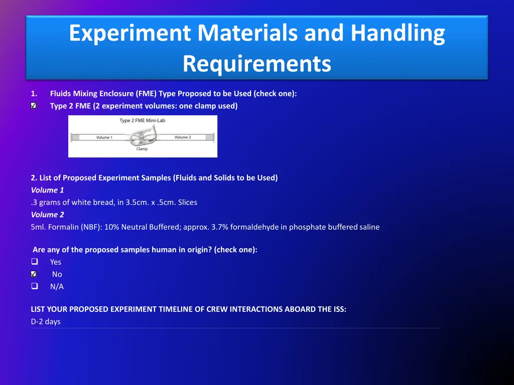 experiment materials and handling requirements