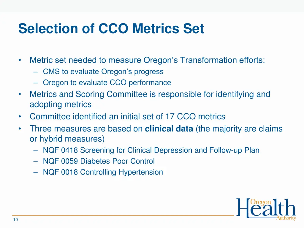 selection of cco metrics set