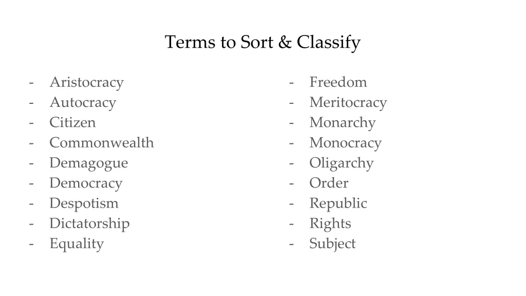 terms to sort classify 1