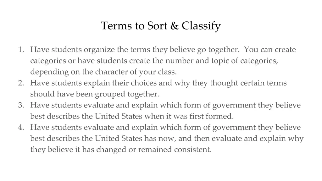 terms to sort classify