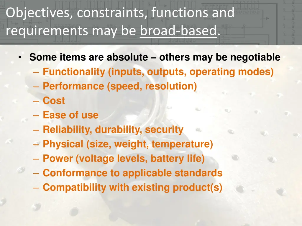 objectives constraints functions and requirements