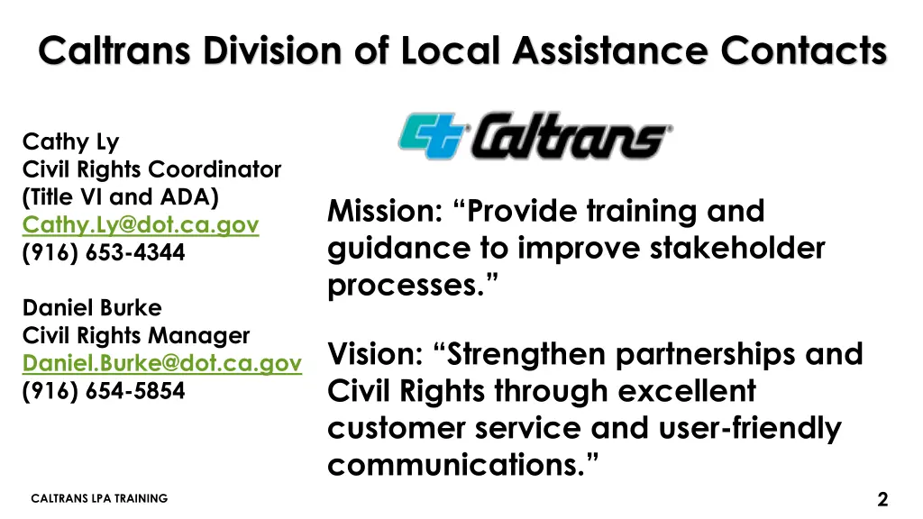 caltrans division of local assistance contacts