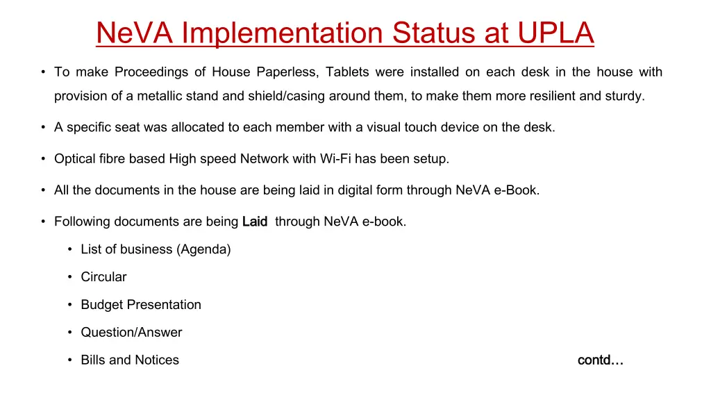 neva implementation status at upla