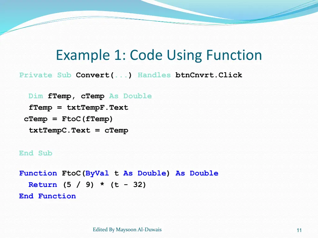 example 1 code using function