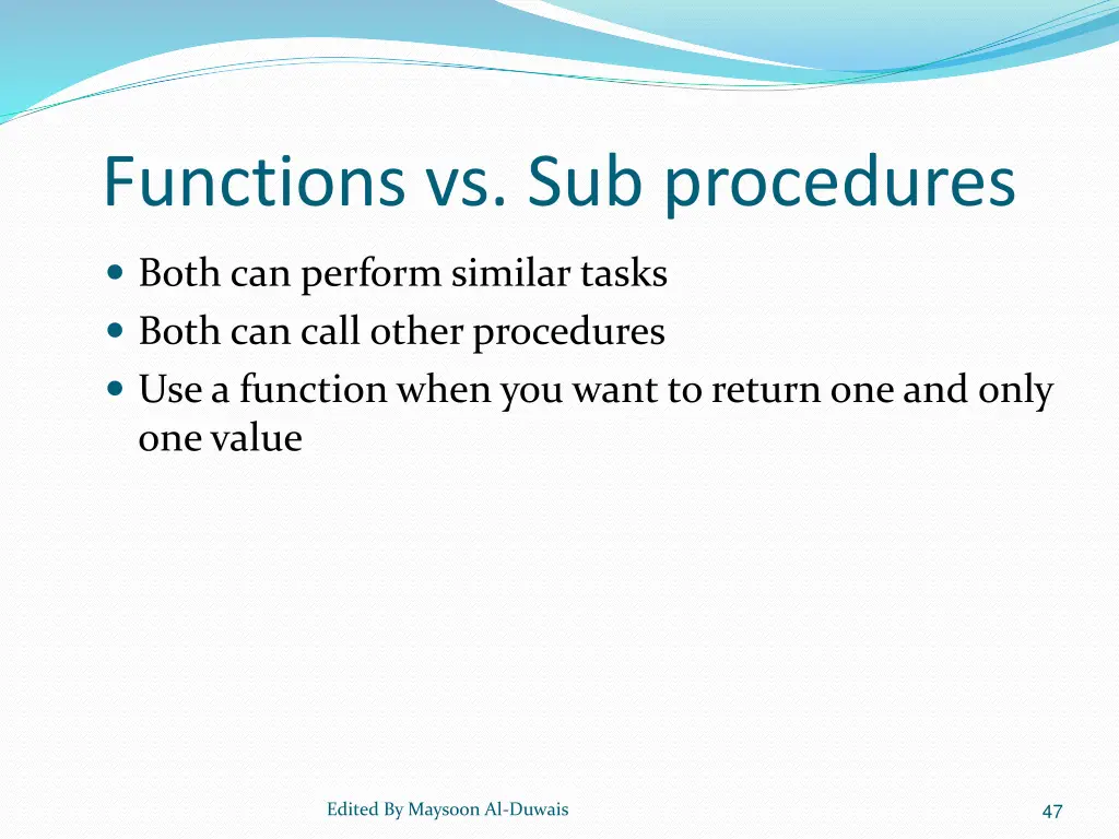 functions vs sub procedures