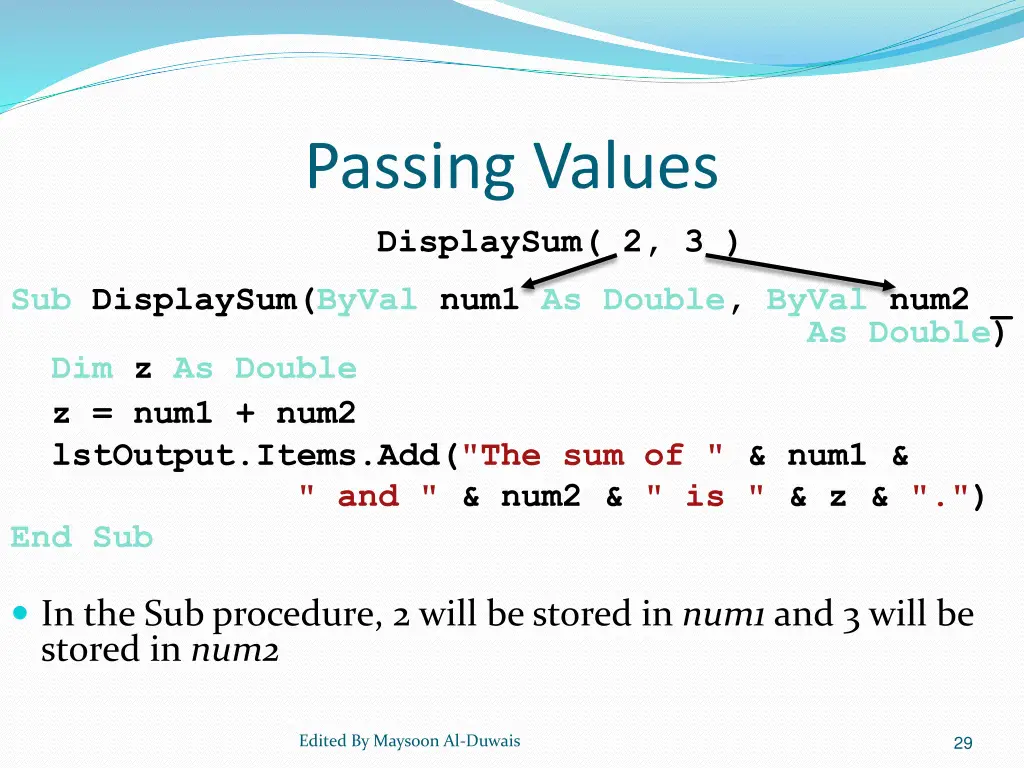 passing values displaysum 2 3