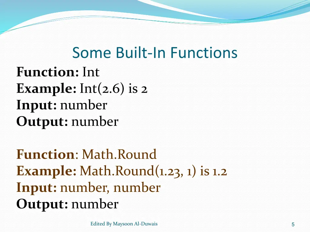 some built in functions function int example