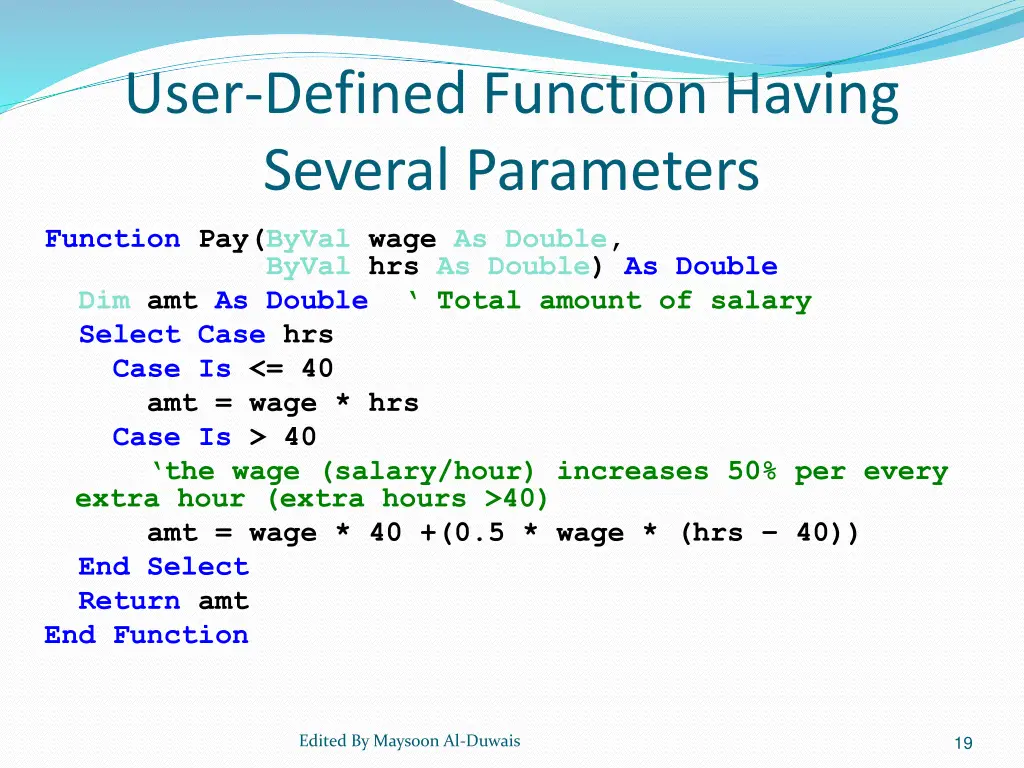 user defined function having several parameters 1