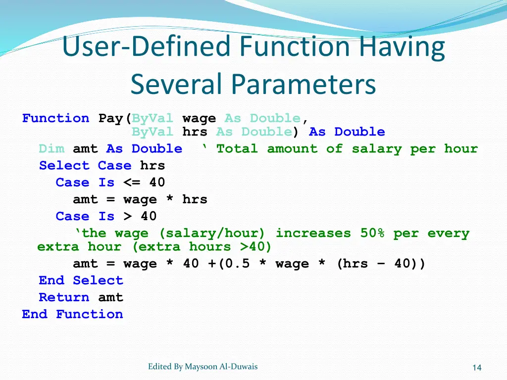 user defined function having several parameters