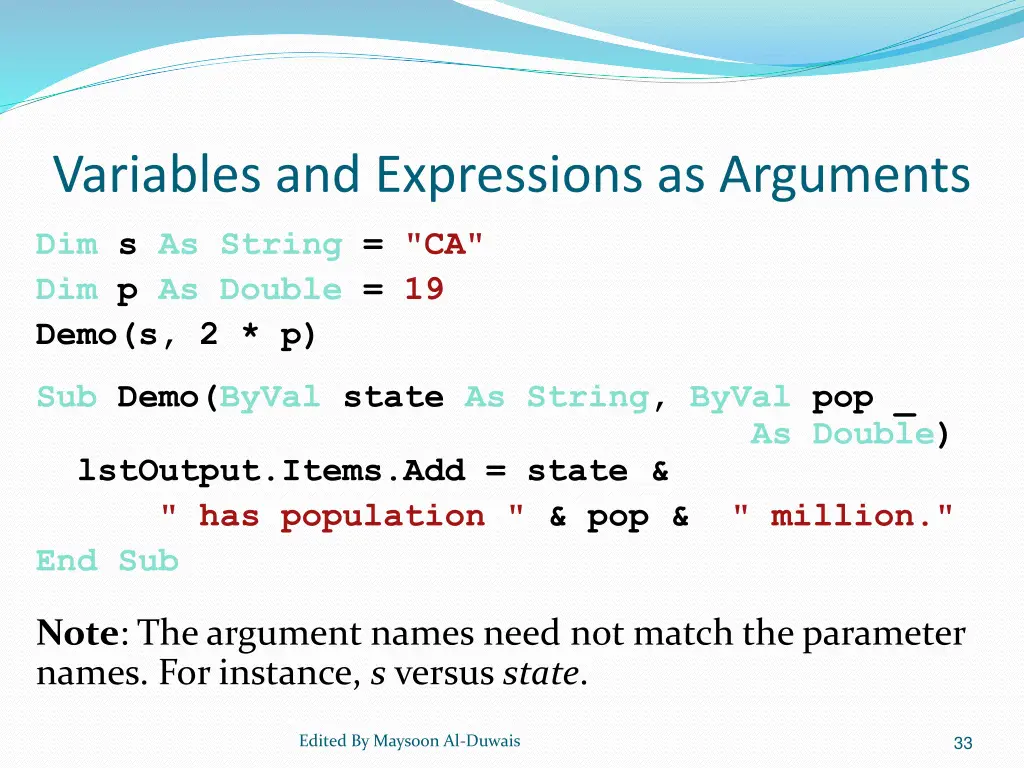 variables and expressions as arguments