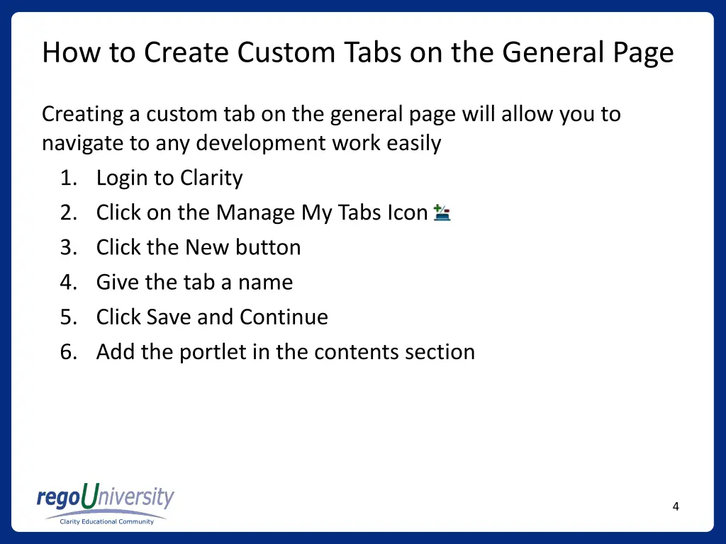 how to create custom tabs on the general page